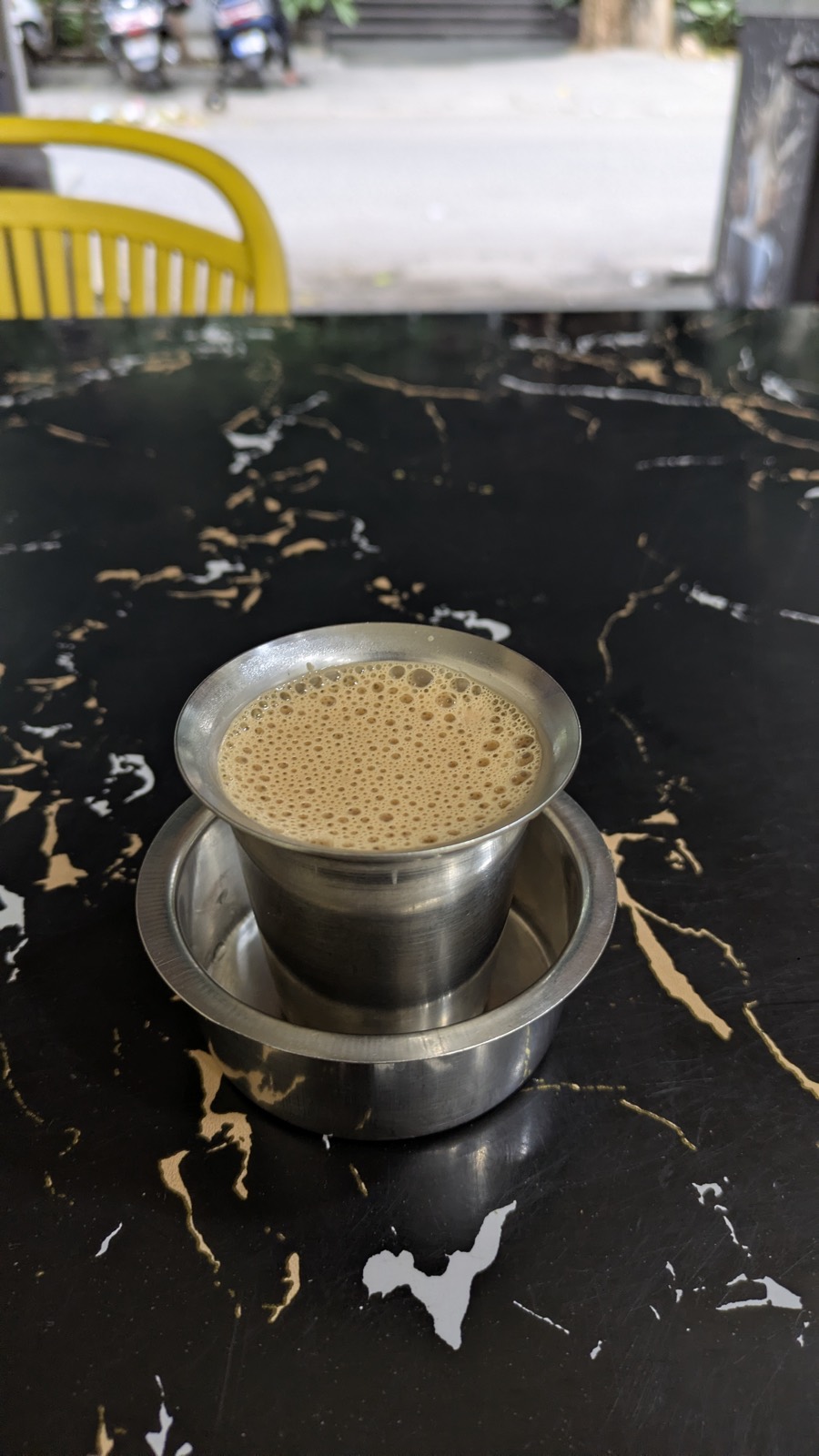 South Indian filter coffee in a steel tumbler at Brew Nest, Koramangala, Bangalore